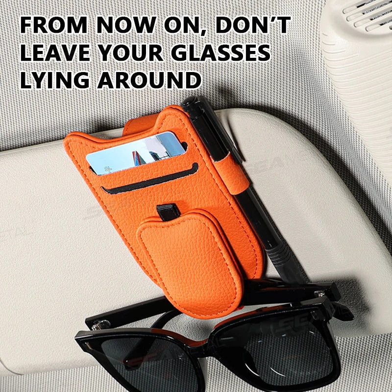 Luxury Magnetic Sunglasses Holder for Car – Leatherette Sun Visor Clip Organizer