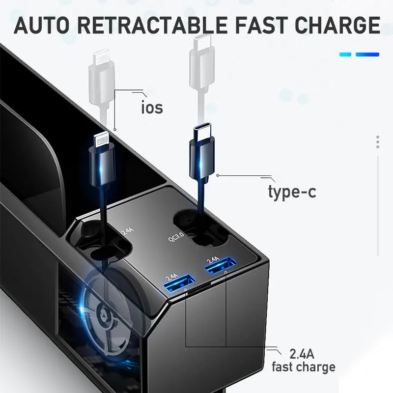 Multifunctional Car Seat Gap Organizer – Dual USB Port Charger for iPhone & Android