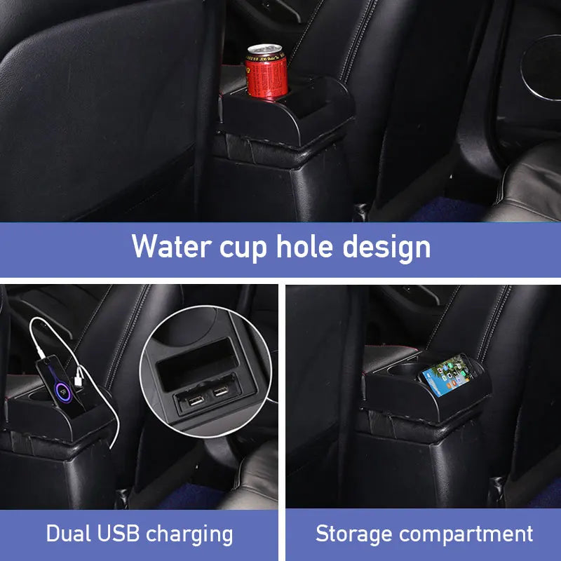 PU Leather Car Armrest Storage Box – Multi-Functional Movable Armrest with Cup Holder