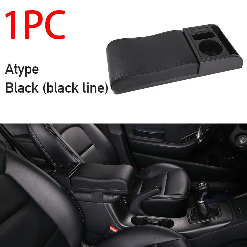 PU Leather Car Armrest Storage Box – Multi-Functional Movable Armrest with Cup Holder