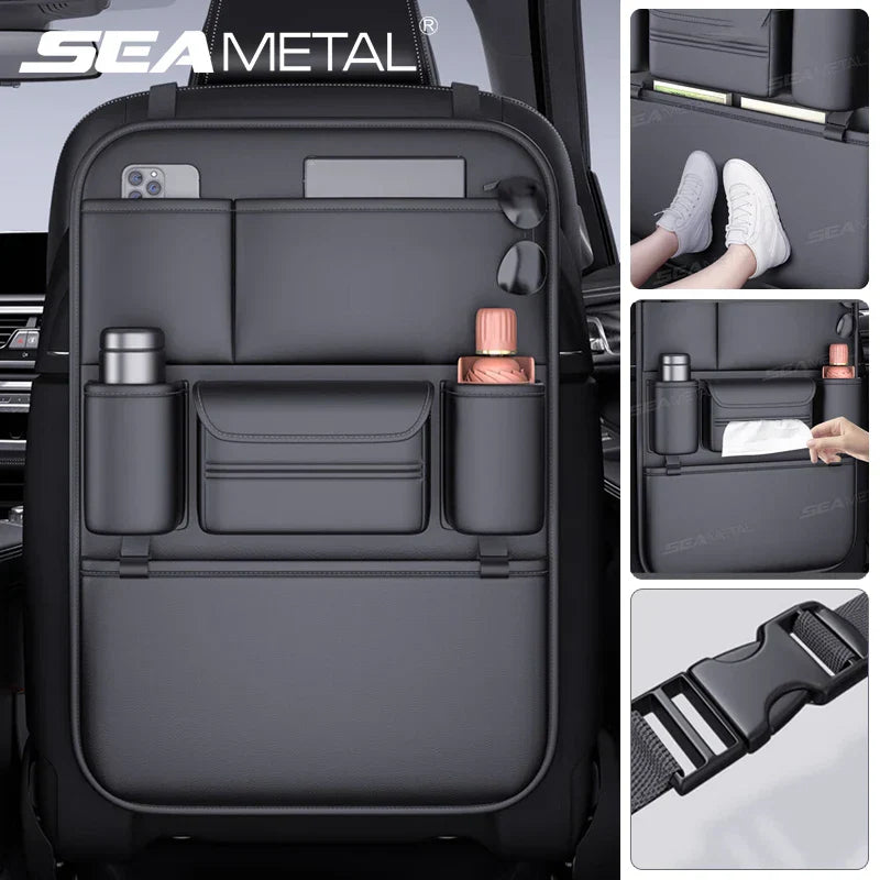 Waterproof 6-Pocket Car Backseat Organizer – Anti-Kick Pad with Cup Holder & Tissue Storage