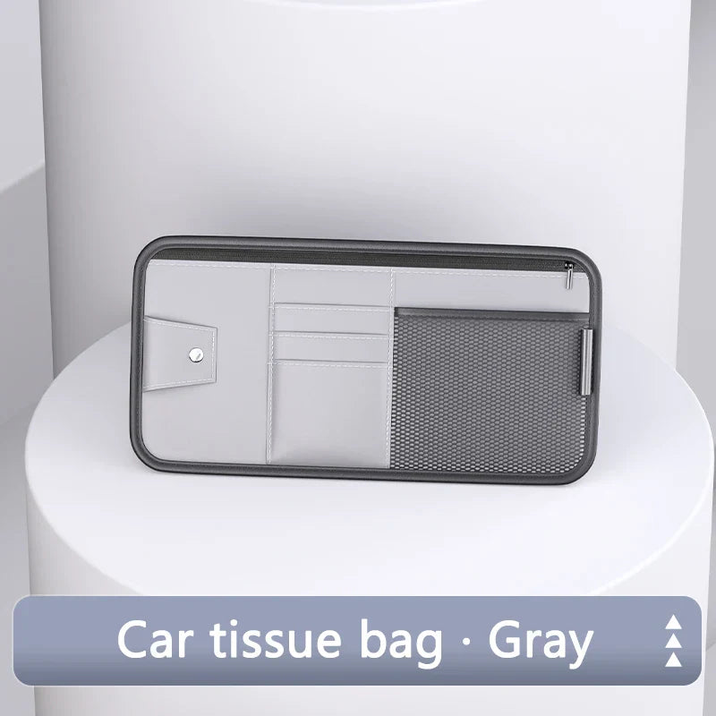 9-in-1 Car Sun Visor Organizer – PU Leather Zipper Storage Bag with Glasses & Card Holder