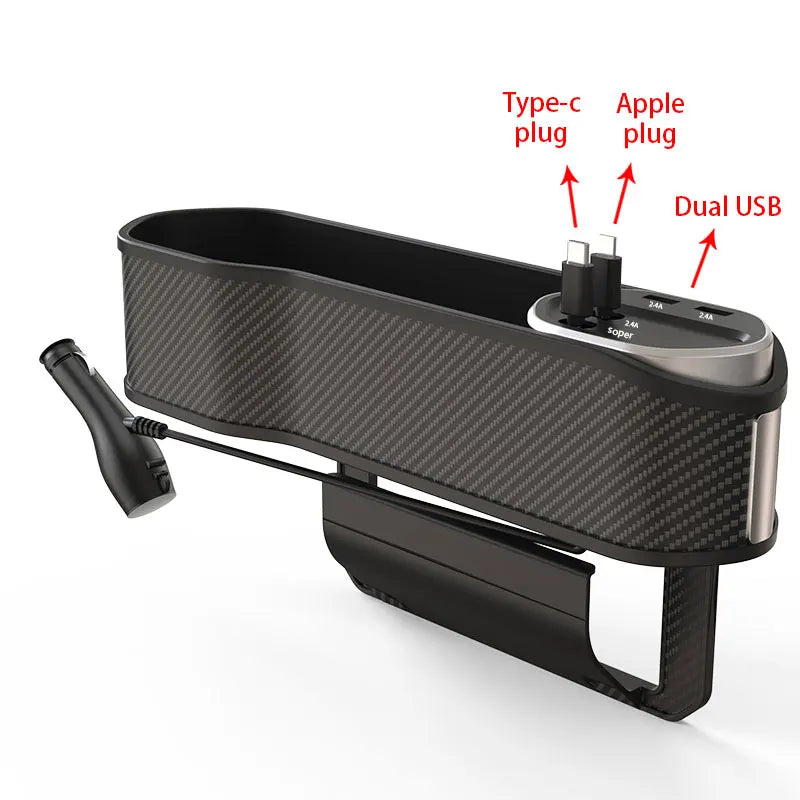 Car Seat Gap Organizer – 40W Wireless Charging Storage Box with 3-in-1 Cable (USB-C/Lightning)
