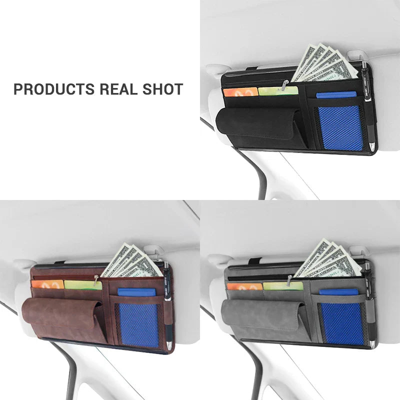 Car Sun Visor Organizer – Textured Suede 2-Layer Storage Bag with Sunglasses Case