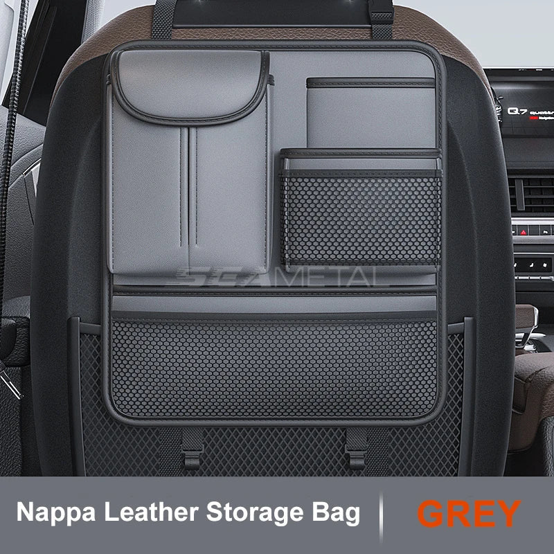 Car Seat Back Organizer – Nappa Leather Rear Row Storage Bag with Anti-Kick Pad
