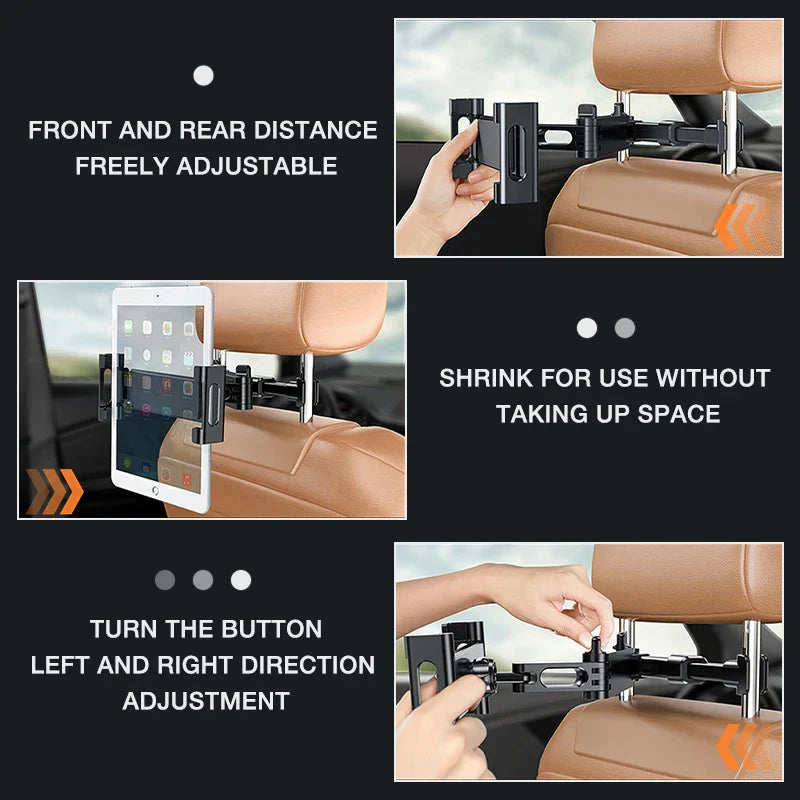 Telescopic Car Headrest Phone & Tablet Holder – Rotating Rear Seat Stand for 5–13 Inch Devices