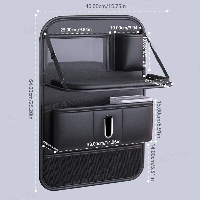Multi-Pocket Car Seat Back Organizer – Foldable Tray with Tissue Holder