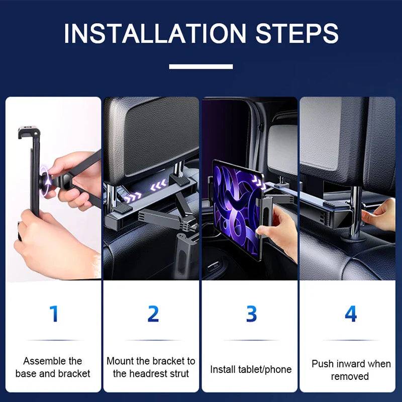 Telescopic Car Headrest Tablet Holder – 360° Rotating Mount for 4–12.9in Devices