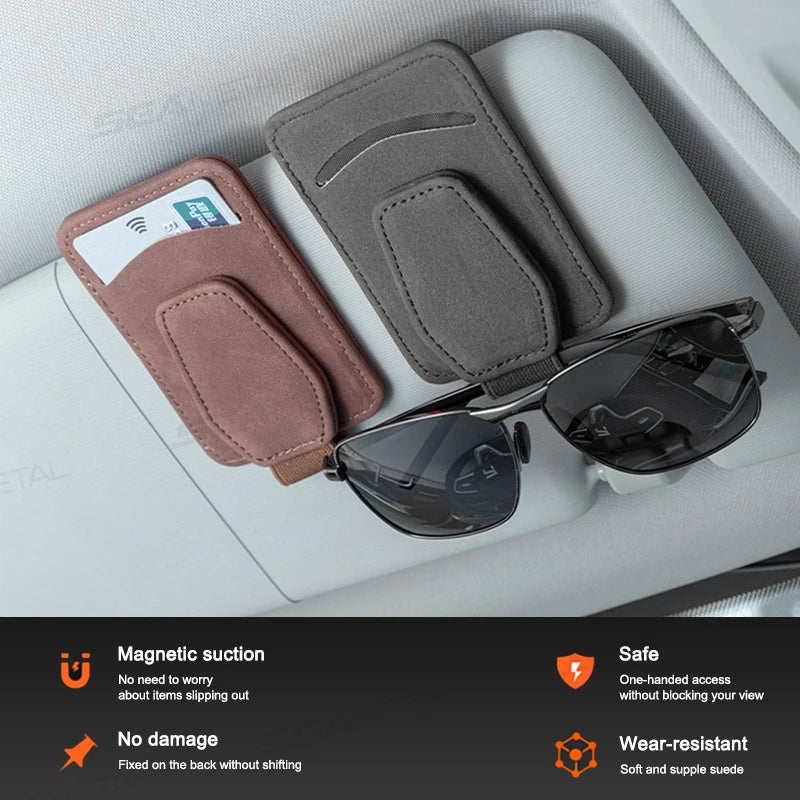 Luxury Suede Car Glasses Holder – Strong Magnetic Sun Visor Clip with Card Pocket