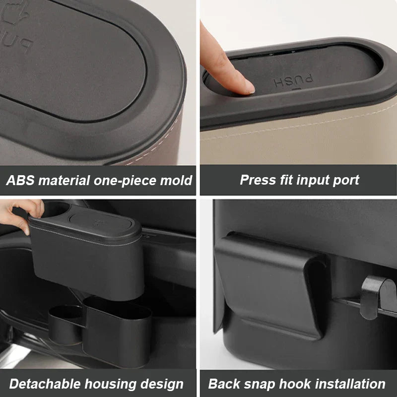 Car Rear Row Trash Can – Hanging ABS Garbage Bin with Pressing Lid & Drink Holder