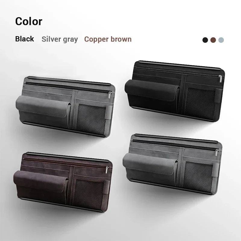Car Sun Visor Organizer – Textured Suede 2-Layer Storage Bag with Sunglasses Case