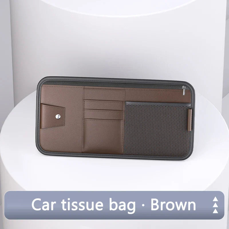9-in-1 Car Sun Visor Organizer – PU Leather Zipper Storage Bag with Glasses & Card Holder