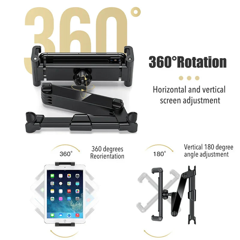 Telescopic Car Headrest Phone & Tablet Holder – Rotating Rear Seat Stand for 5–13 Inch Devices