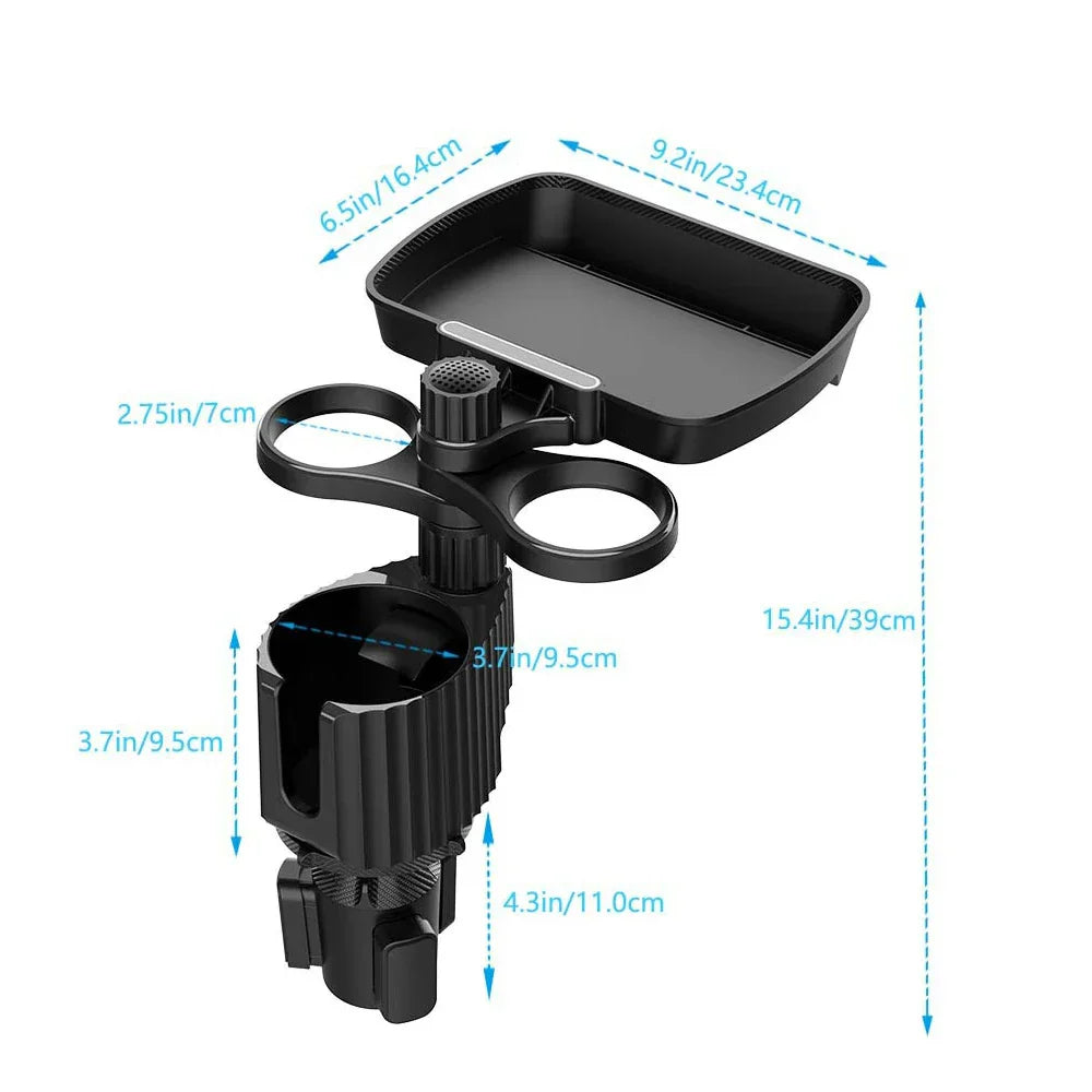 4-in-1 Car Cup Holder Extension – 360° Rotating Snack Tray & Drink Holder (3kg Load)