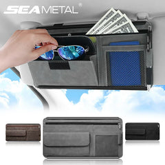 Car Sun Visor Organizer – Textured Suede 2-Layer Storage Bag with Sunglasses Case