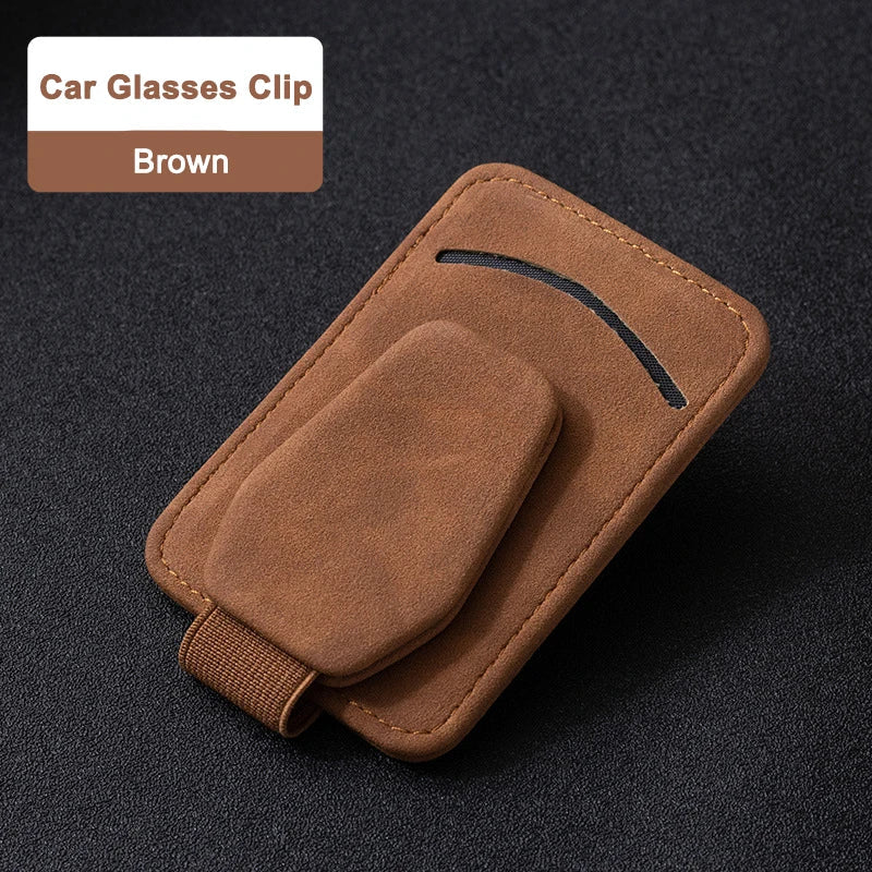 Luxury Suede Car Glasses Holder – Strong Magnetic Sun Visor Clip with Card Pocket