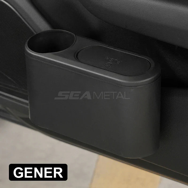 Car Rear Row Trash Can – Hanging ABS Garbage Bin with Pressing Lid & Drink Holder