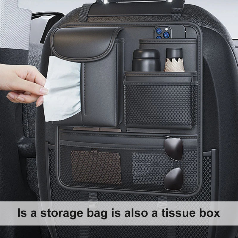 Car Seat Back Organizer – Nappa Leather Rear Row Storage Bag with Anti-Kick Pad