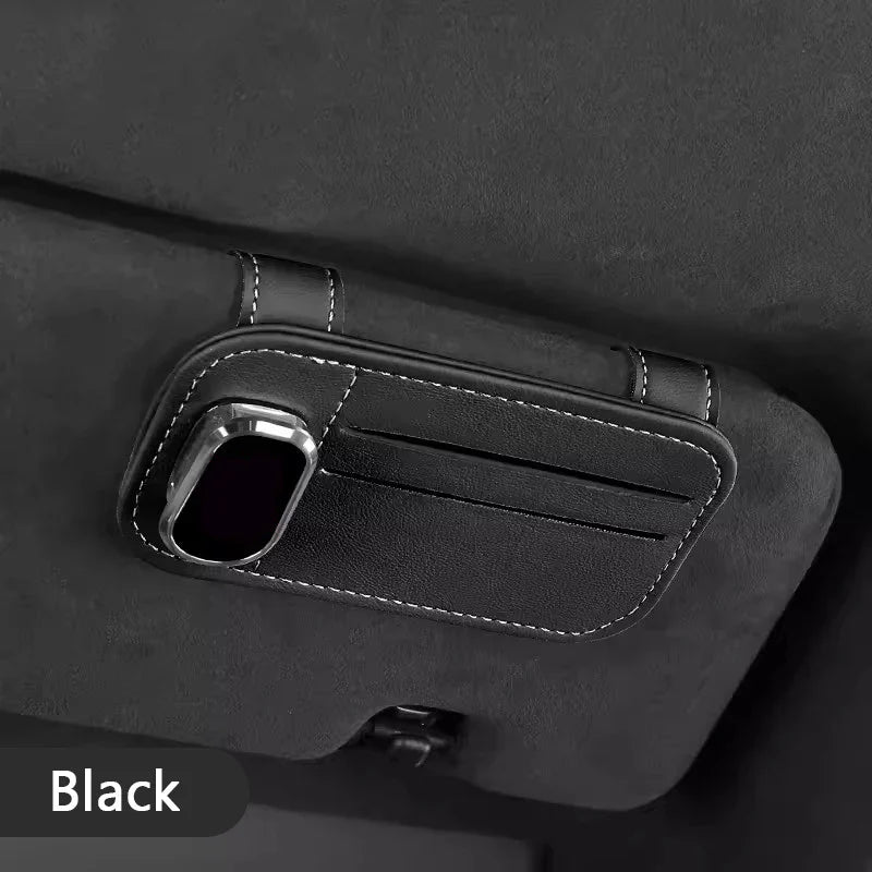 Car Sun Visor Glasses Clip – PU Leather Scratch-Free Sunglasses Holder with Card Slot