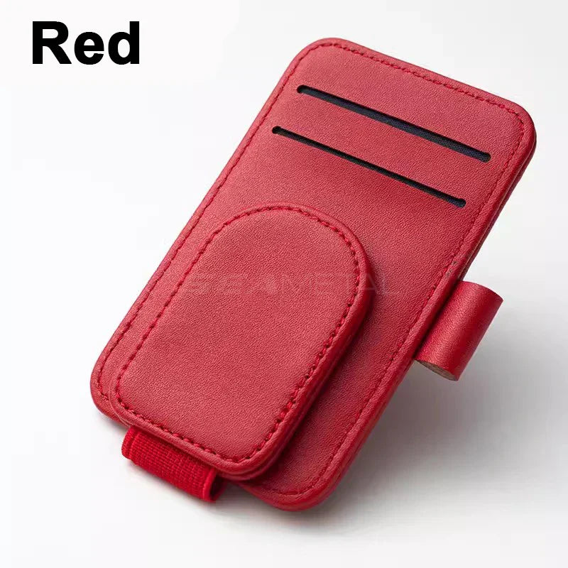 Magnetic Sun Visor Glasses Holder – Premium PU Leather Sunglasses Clip with Card Slot