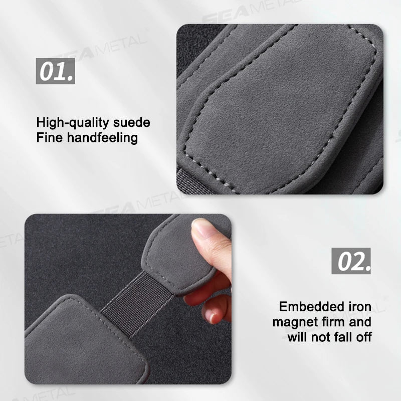 Luxury Suede Car Glasses Holder – Strong Magnetic Sun Visor Clip with Card Pocket