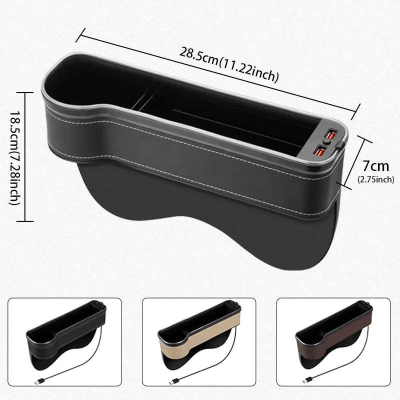 Car Seat Gap Storage Box with LED Atmosphere Light – Dual USB Charger & Cup Holder