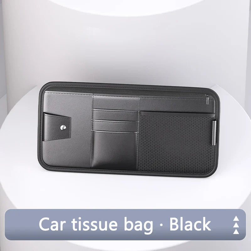 9-in-1 Car Sun Visor Organizer – PU Leather Zipper Storage Bag with Glasses & Card Holder