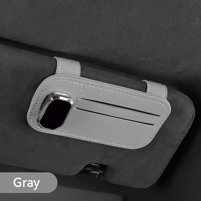 Car Sun Visor Glasses Clip – PU Leather Scratch-Free Sunglasses Holder with Card Slot