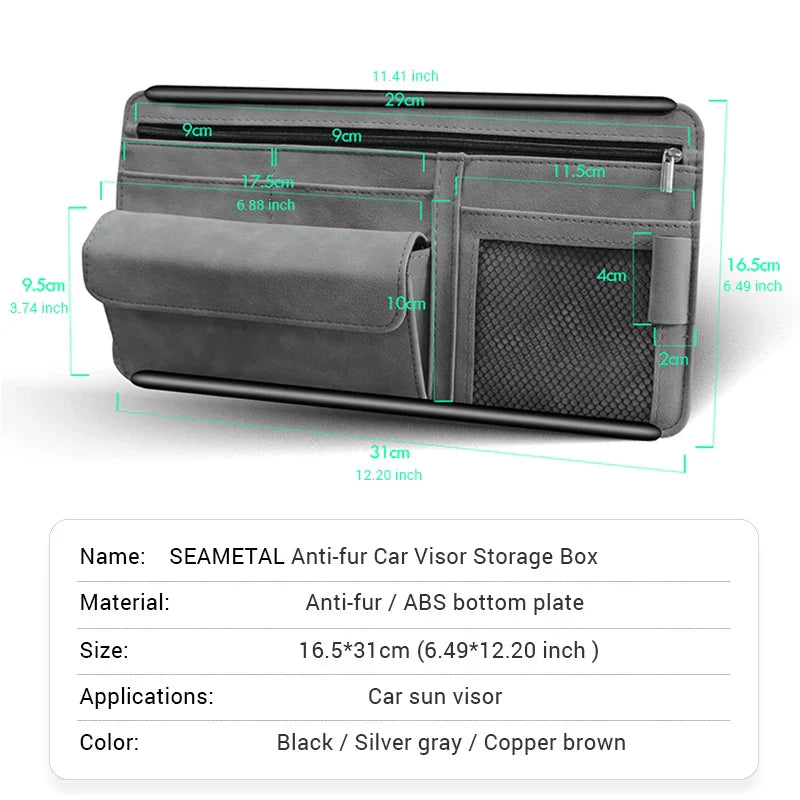 Car Sun Visor Organizer – Textured Suede 2-Layer Storage Bag with Sunglasses Case