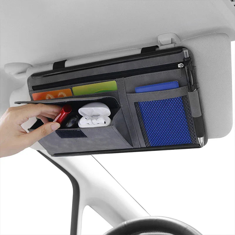 Car Sun Visor Organizer – Textured Suede 2-Layer Storage Bag with Sunglasses Case