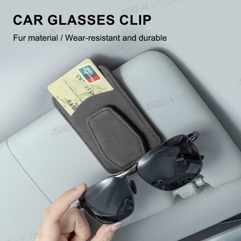 Luxury Suede Car Glasses Holder – Strong Magnetic Sun Visor Clip with Card Pocket