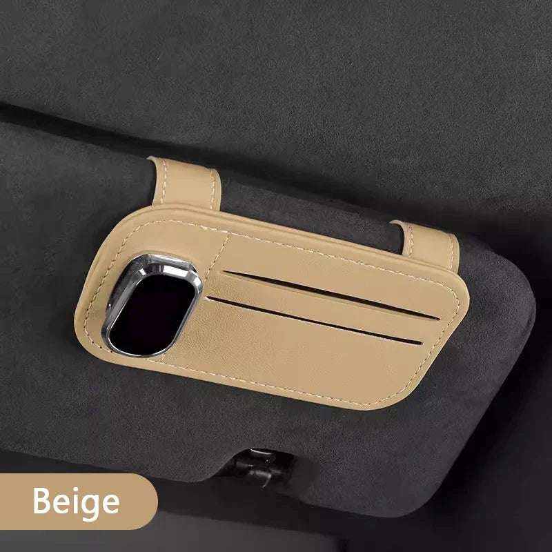 Car Sun Visor Glasses Clip – PU Leather Scratch-Free Sunglasses Holder with Card Slot