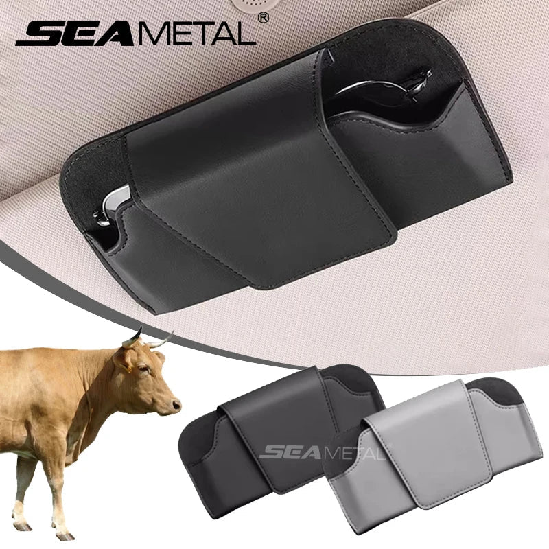 Premium Cowhide Sun Visor Glasses Holder – Wear-Resistant Leather Sunglasses Storage Case for Car