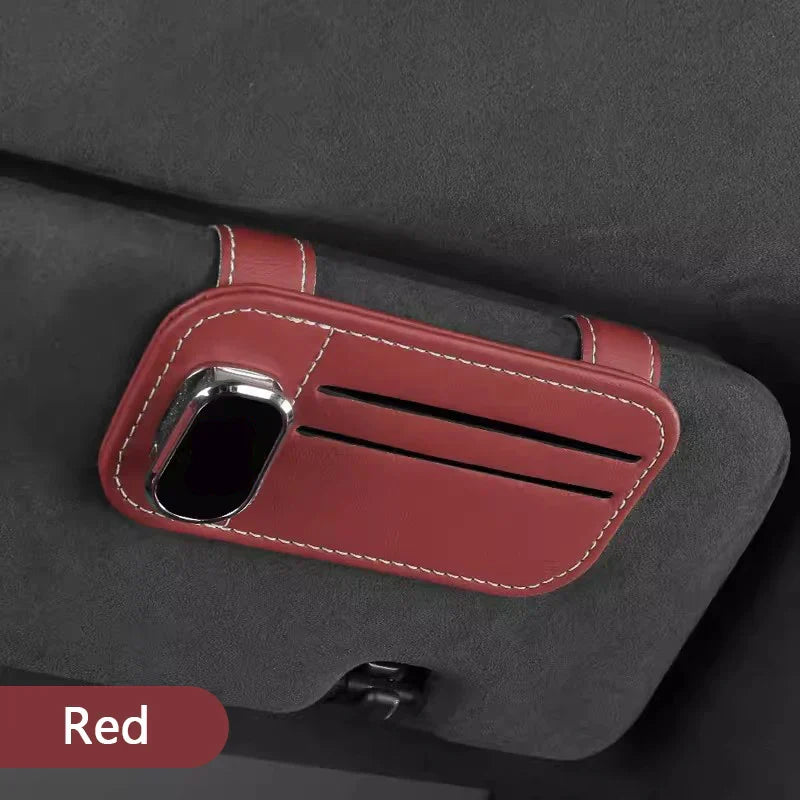 Car Sun Visor Glasses Clip – PU Leather Scratch-Free Sunglasses Holder with Card Slot