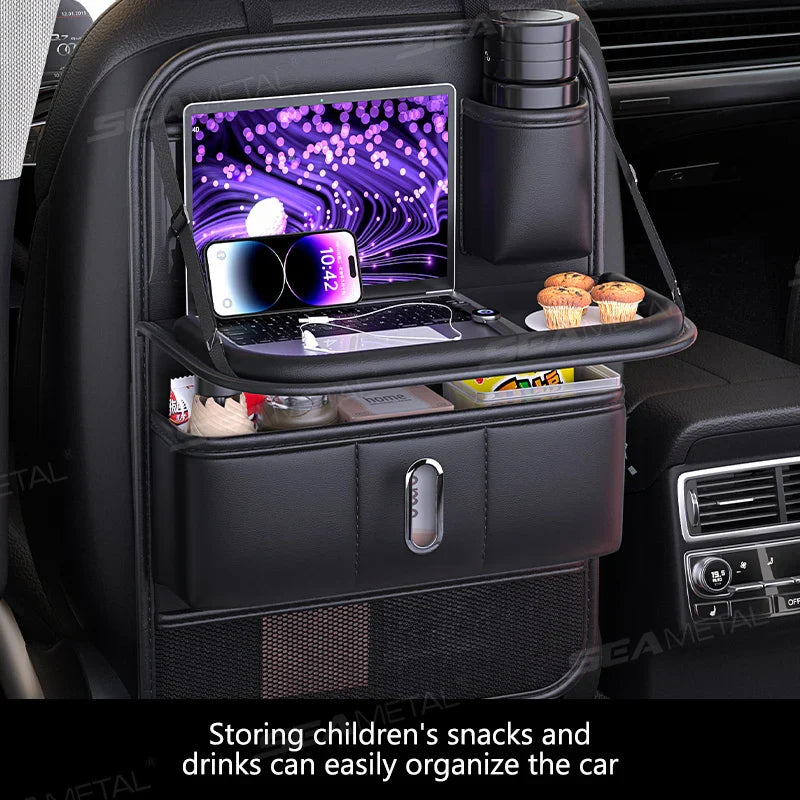 Multi-Pocket Car Seat Back Organizer – Foldable Tray with Tissue Holder